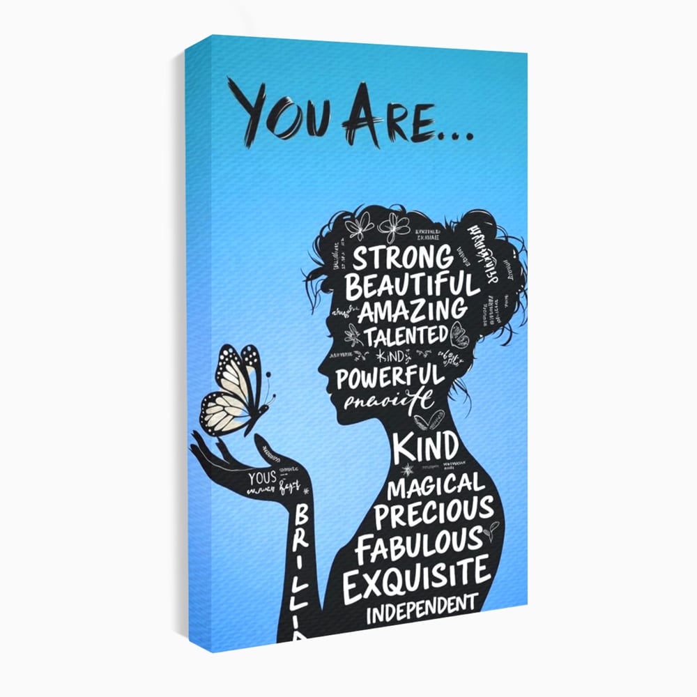 Tablou canvas cu tablou motivational cu portret de femeie si cuvinte, fara rama, pe sasiu de lemn